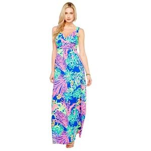 Lilly Pulitzer Slone Maxi Dress Small Indigo All A Glow Blue Pink Tropical Print